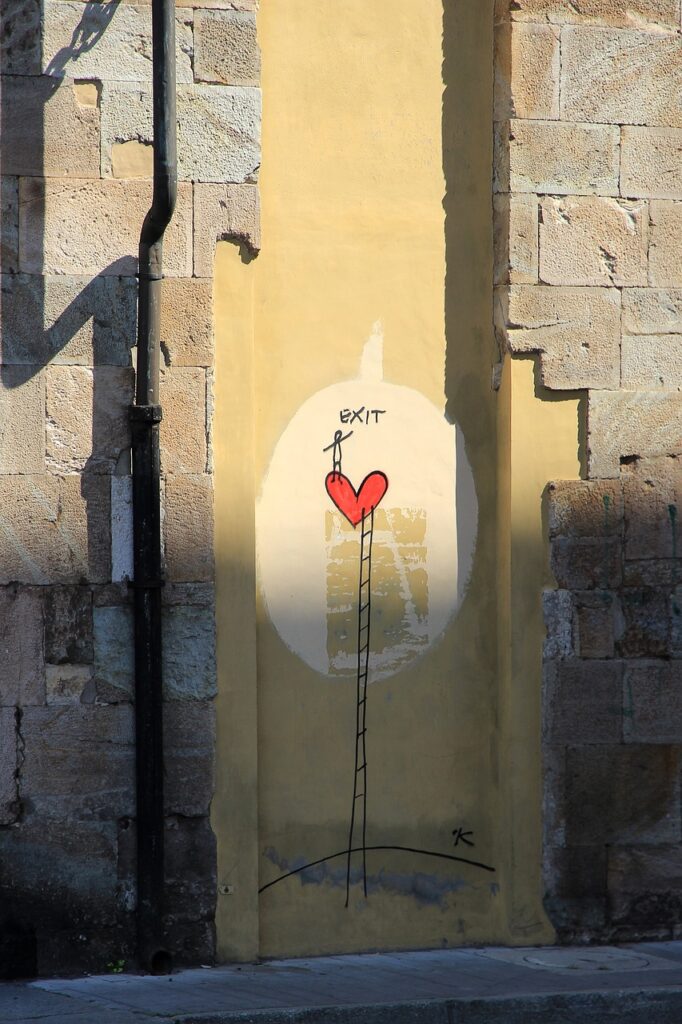 wall painting, graffiti, exit, way out, symbol, housewall, heart, ladder, comic, graphic